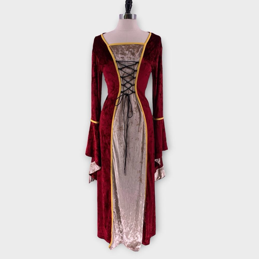 Medieval Ren Fair Crushed Velvet Gown Maxi Costume Dress Small Red Bell Sleeves